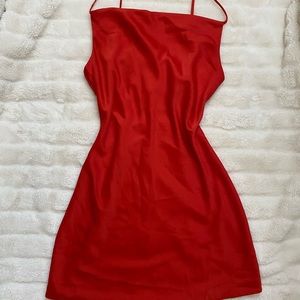 red satin cowl neck dress